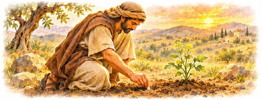 Illustration of a man planting a mustard seed
